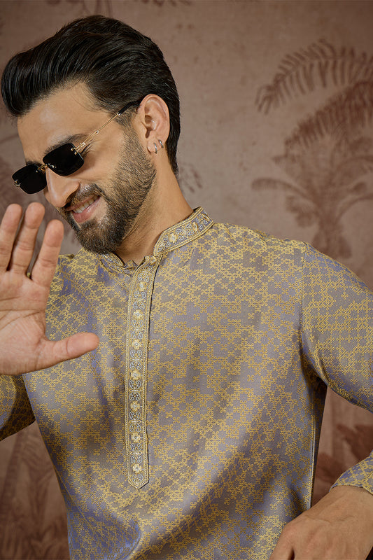 Grey Jacquard Geometric Embroidered Kurta With Trouser MKSET2548
