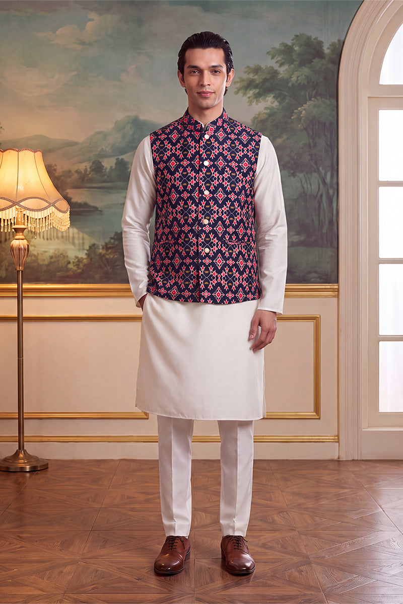 Navy Blue Silk Blend Patola Print Mandarine Collar Koti MKOT1048
