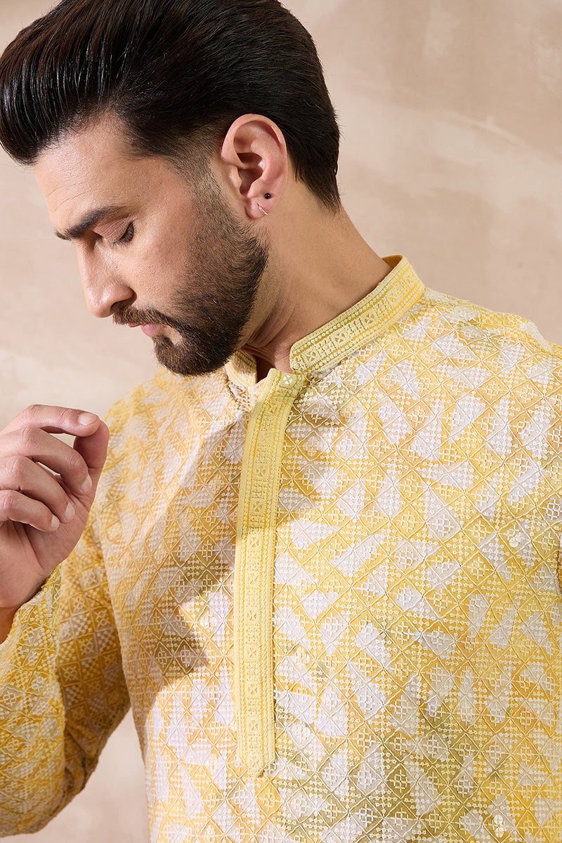Yellow Viscose Rayon Solid Printed Straight Kurta With Trouser MKSET1657