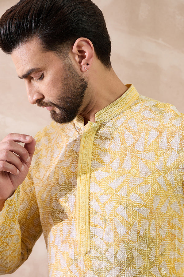 Yellow Viscose Rayon Solid Printed Straight Kurta With Trouser MKSET1657