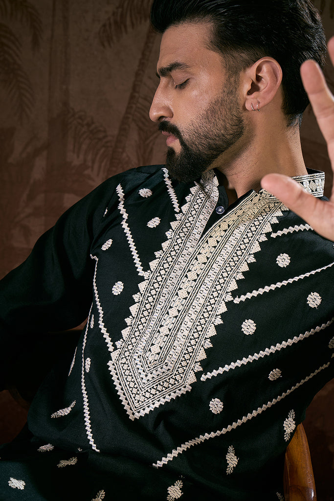 Black Silk Blend Solid Embroidered Straight Kurta With Trouser MKSET1886
