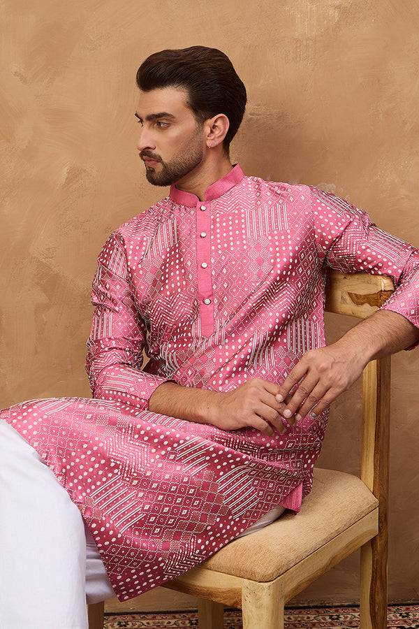 Pink Silk Blend Geometric Printed Straight Kurta With Pant Set MKSET1526