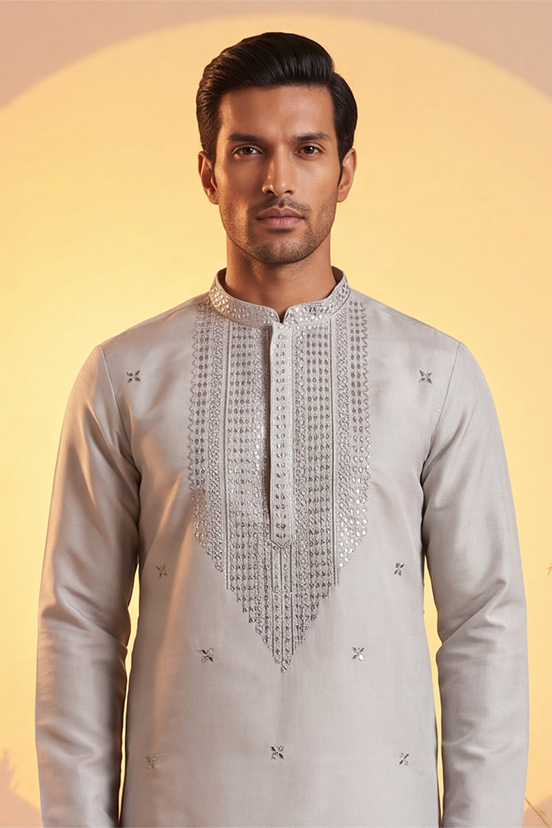 Grey Silk Blend Solid Emboidered Sequins Kurta With Trouser MKSET2280