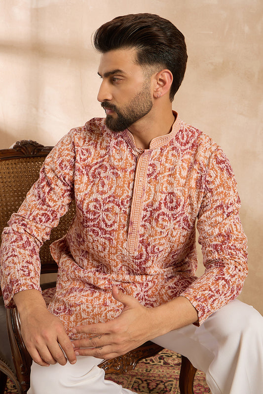 Orange Viscose Rayon Batik Embroidered Straight Kurta MKU1719