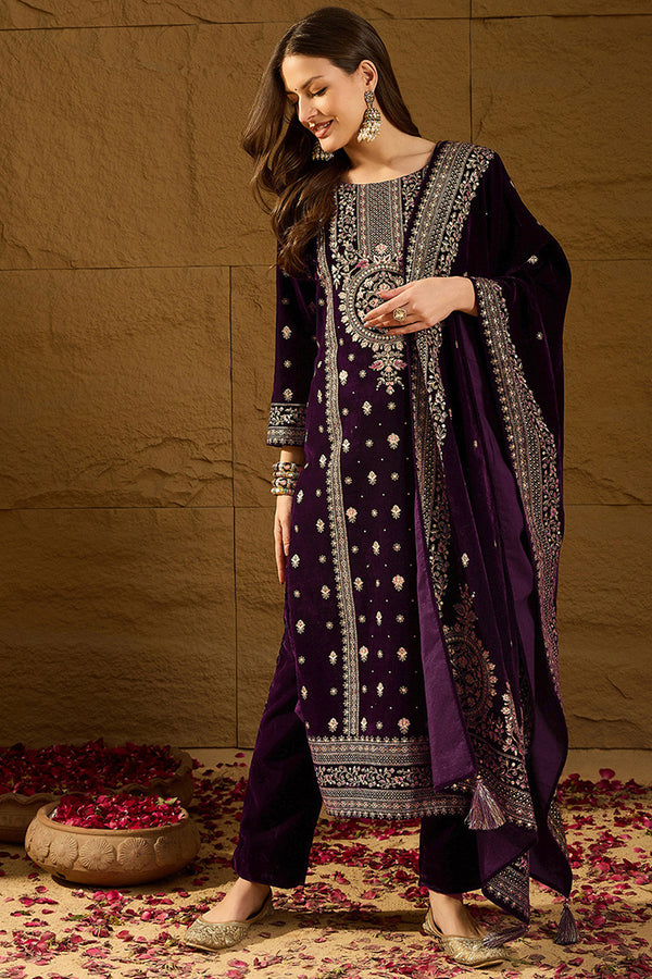 Purple Velvet Ethnic Motifs Printed Straight Trousers Suit Set PKSKD2883