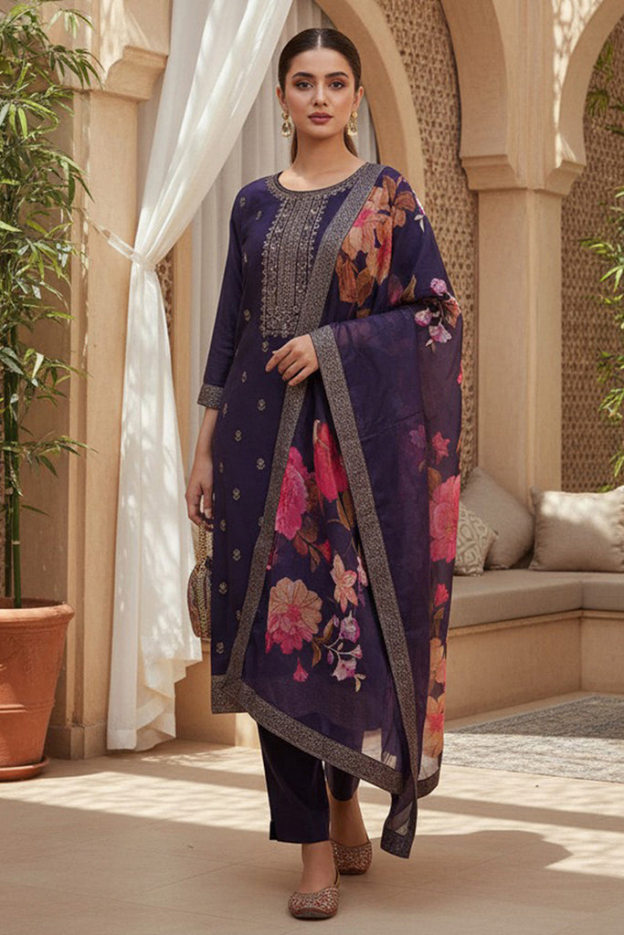 Purple Silk Blend Ethnic Motifs Stoning Straight Kurta Trouser with Dupatta SKSKD3091