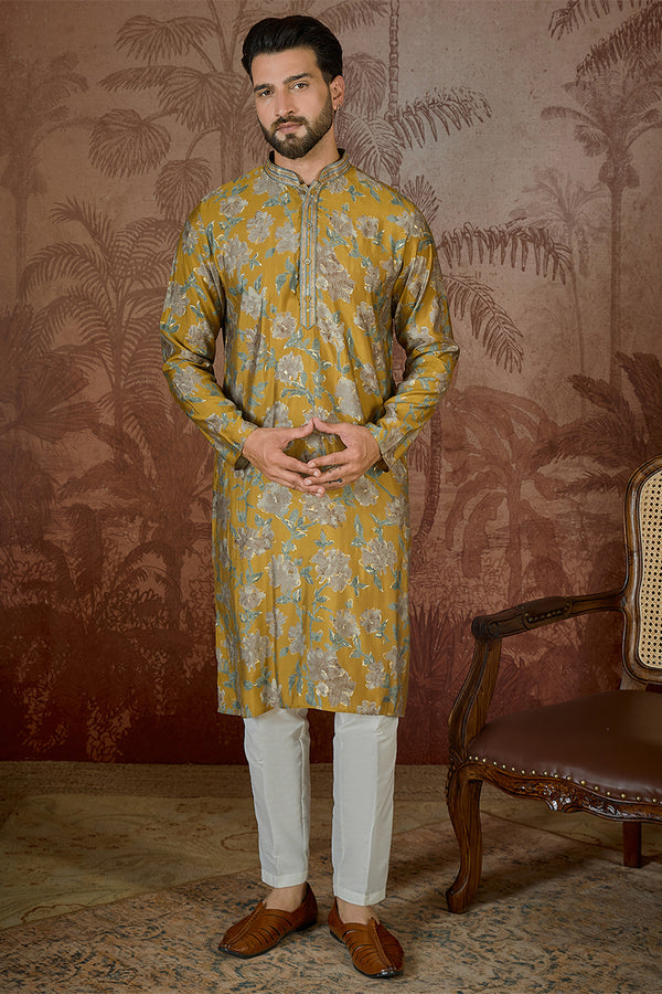 Mustard Silk Blend Floral Embroidered Kurta With Trouser MKSET2505