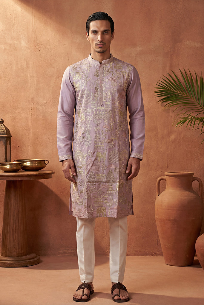 Lavender Silk Blend Embroidered Straight Kurta With Trousers MKSET2106