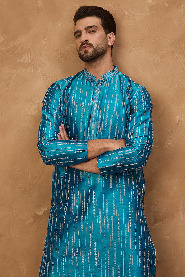 Blue Silk Blend Geometric Printed Straight Kurta MKU1519