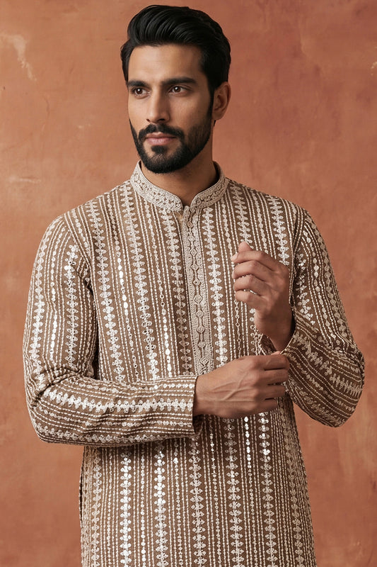 Brown Viscose Rayon Embroidered Kurta With Trousers MKSET2178