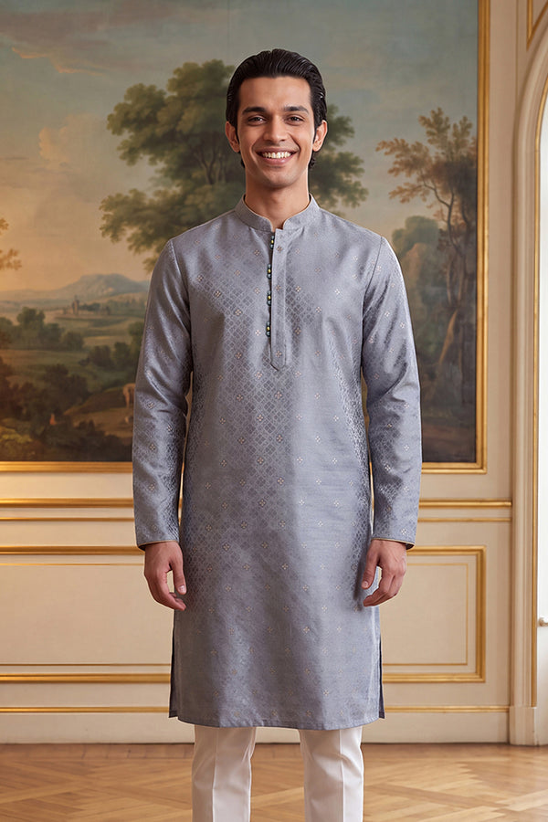 Grey Jacquard Ethnic Motifs Woven Design Kurta With Trouser MKSET2642
