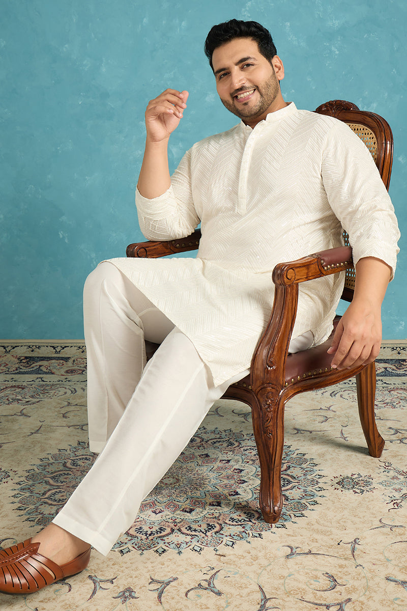 Off White Viscose Rayon Solid Sequins Embroidered Kurta MKU1102
