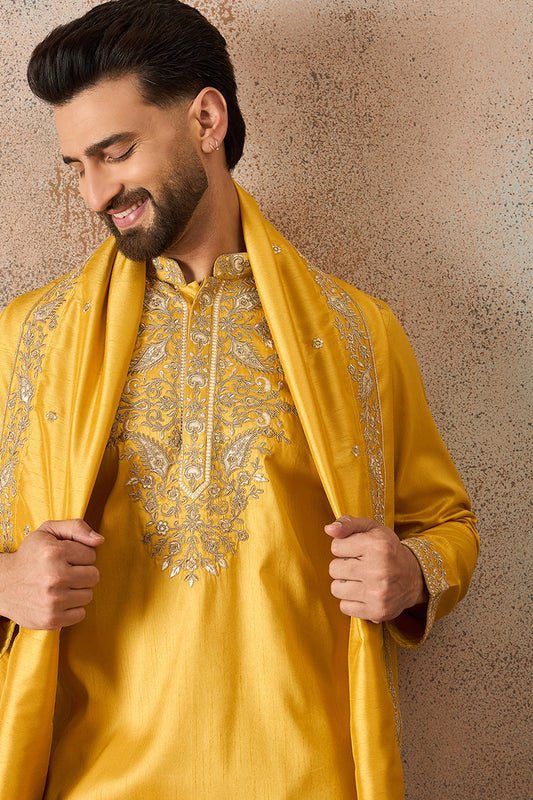 Yellow Silk Blend Embroidered Ethnic Kurta with Trousers & Dupatta MKPD1023