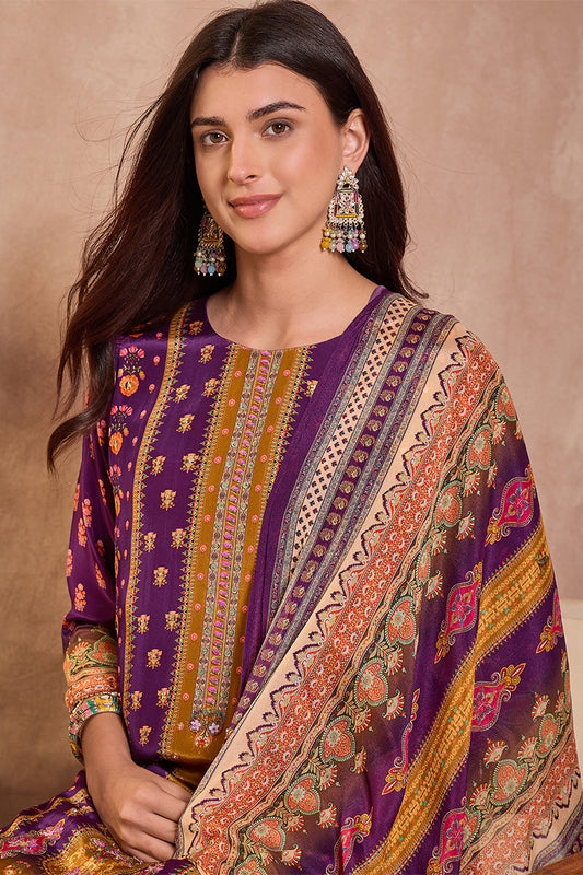 Purple Viscose Rayon Embroidered Kurta Trouser With Dupatta  HPKSKD2805