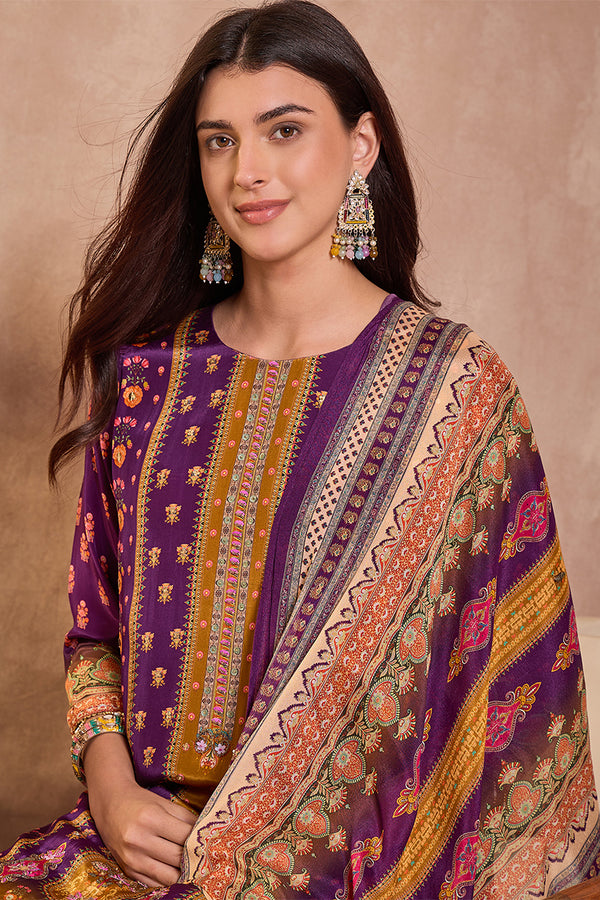 Purple Viscose Rayon Embroidered Kurta Trouser With Dupatta  HPKSKD2805