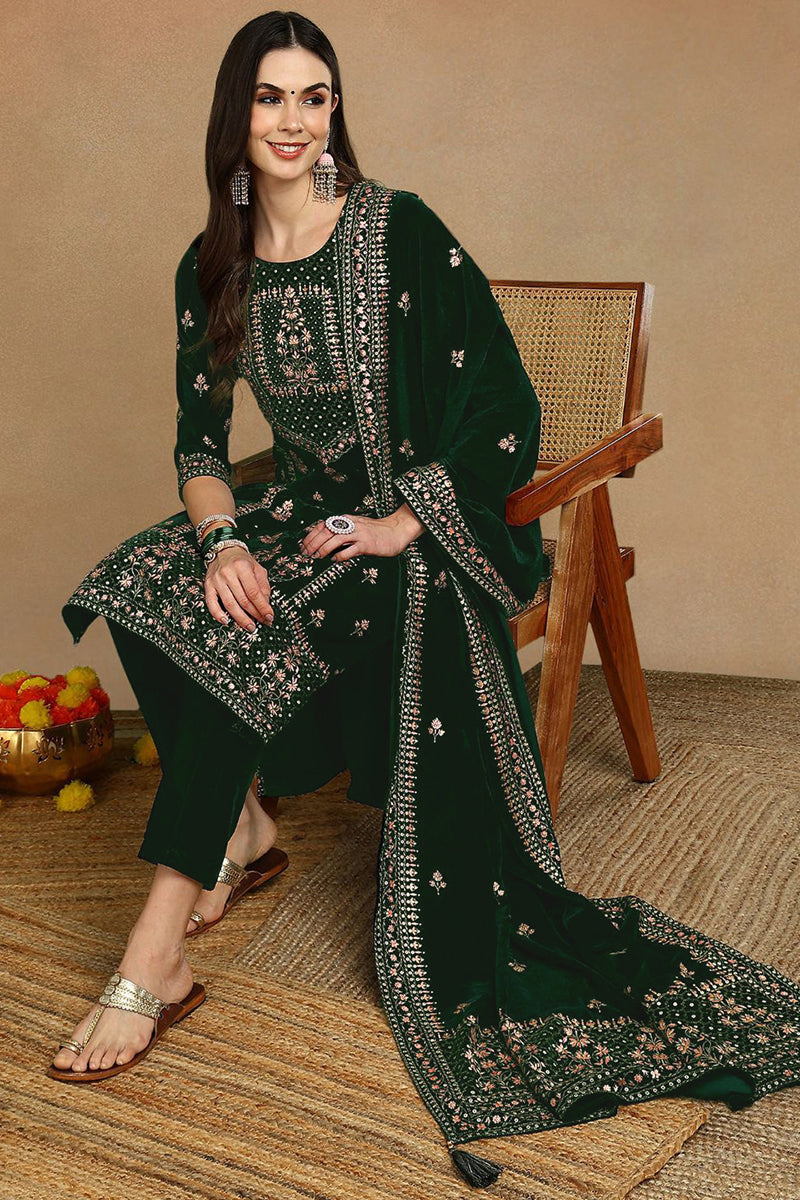 Green Velvet Ethnic Motifs Printed Straight Suit Set PKSKD2772