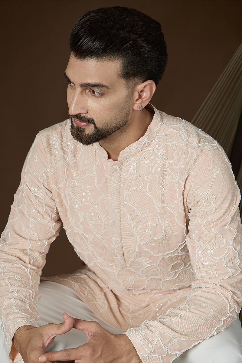 Peach Georgette Solid Embroidered Kurta MKU2731