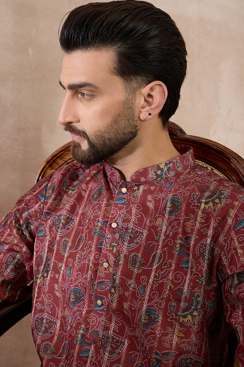 Maroon Silk Blend Printed Mandarin Collar Straight Kurta With Trouser MKSET2025