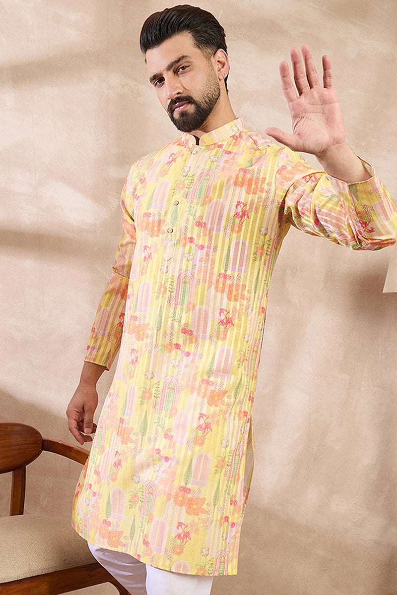 Yellow Silk Blend Abstract Printed Straight Kurta MKU2013