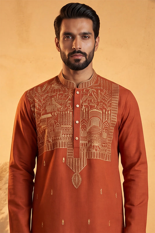 Orange Silk Blend Solid Emboidered Straight Kurta MKU2372