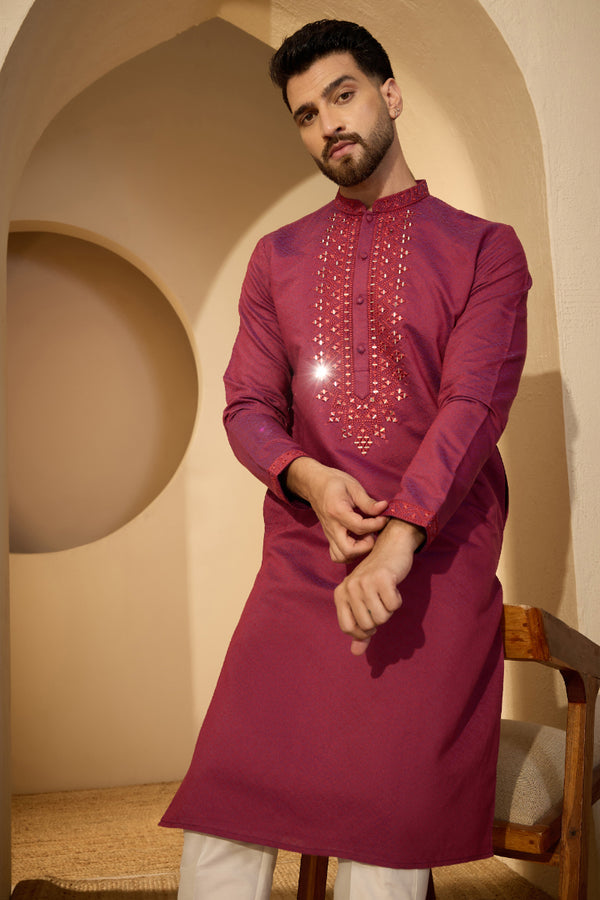 Fuchsia Jacquard Solid Embroidered Mandarin Collar Kurta With Trouser MKSET2720