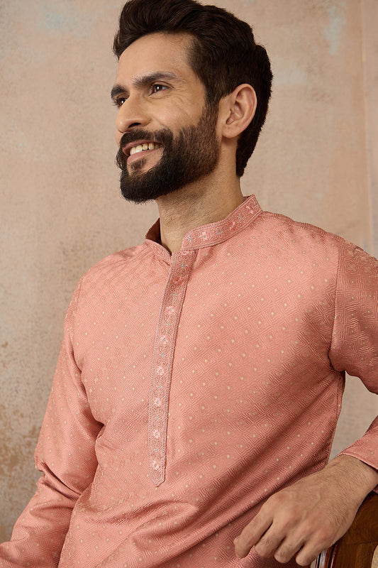 Peach Silk Blend Embroidered Mandarin Collar Straight Kurta with Trousers  MKSET2363