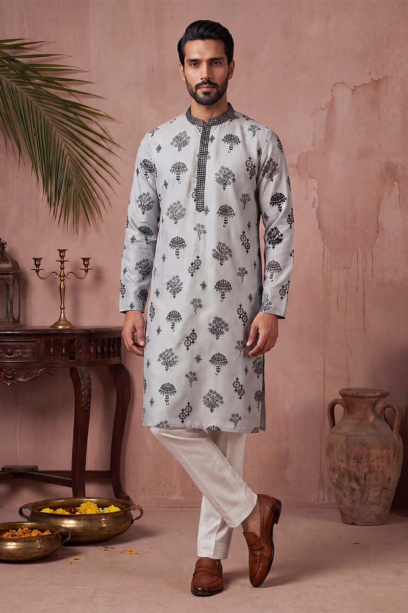 Silk Blend Embroidered Solid Blue Kurta With Trousers MKSET1805