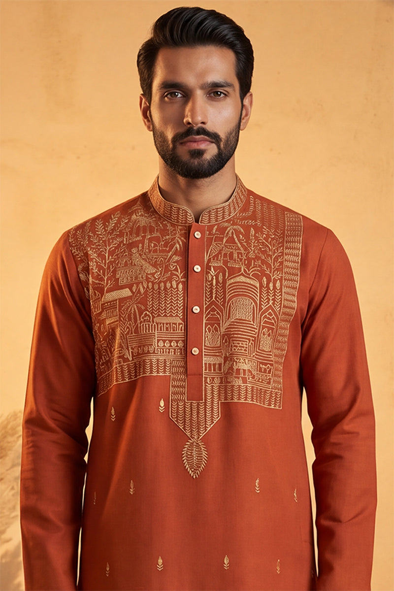 Orange Silk Blend Solid Emboidered Straight Kurta With Trouser MKSET2372