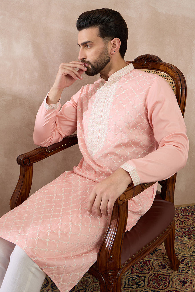 Pink Silk Blend Embroidered Mandarin Collar Straight Kurta MKU1692