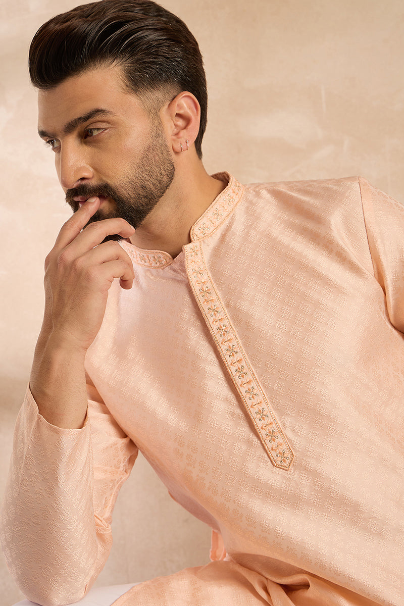 Peach Polyester Solid Embroidered Straight Kurta With Trouser MKSET1836