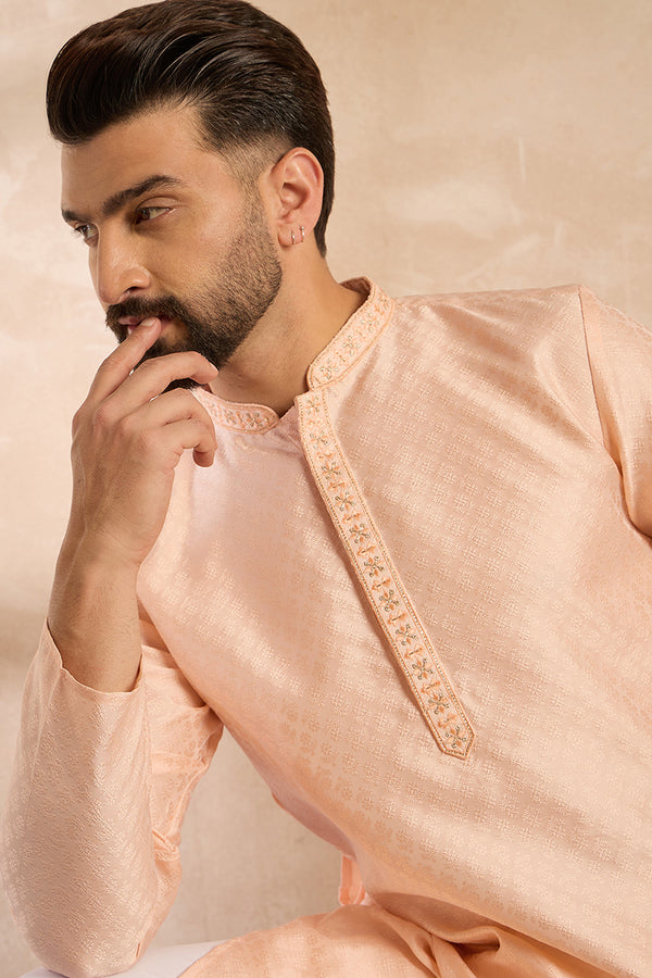 Peach Polyester Solid Embroidered Straight Kurta With Trouser MKSET1836