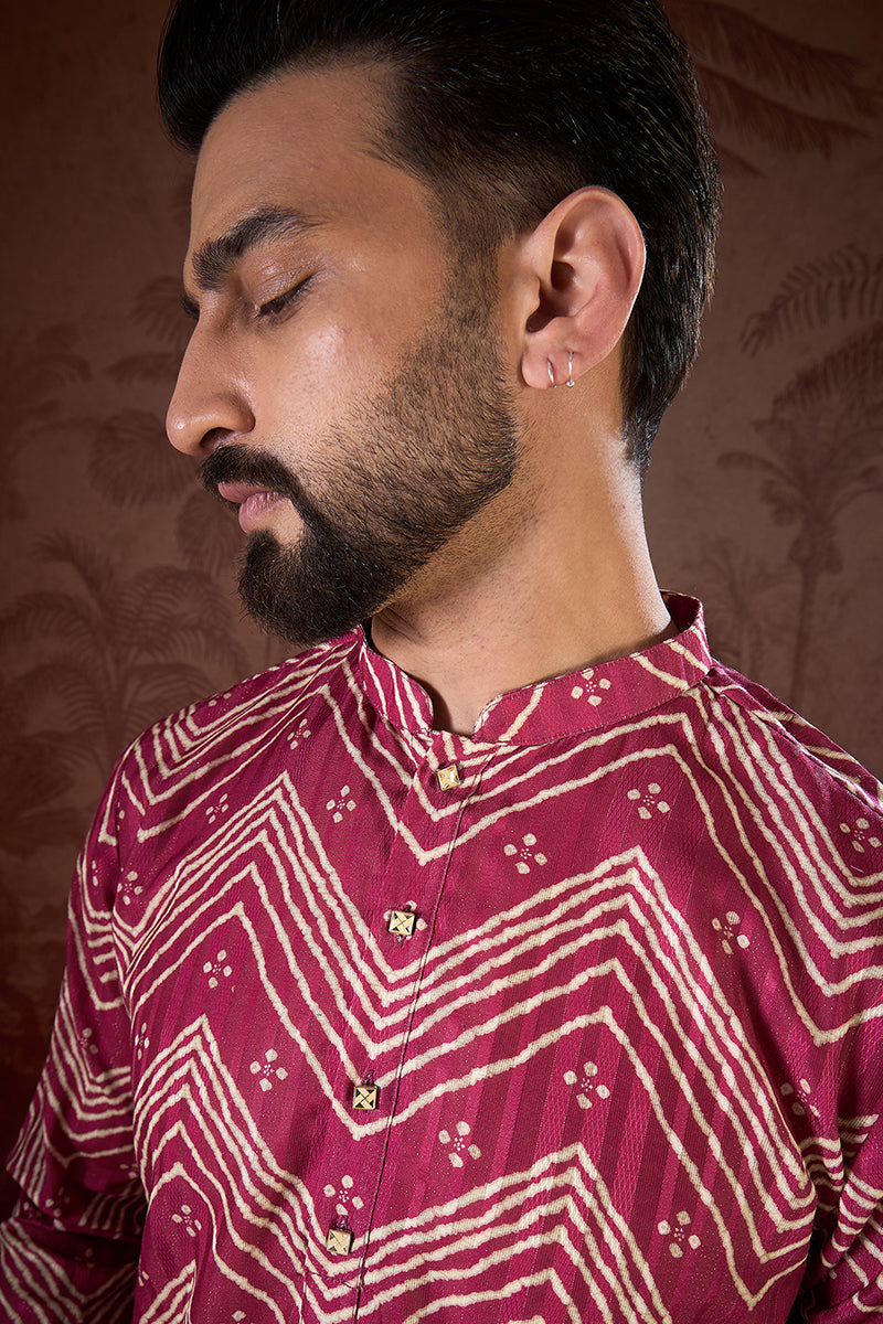 Magenta Silk Blend Chevron Printed Straight Kurta With Trouser MKSET1940