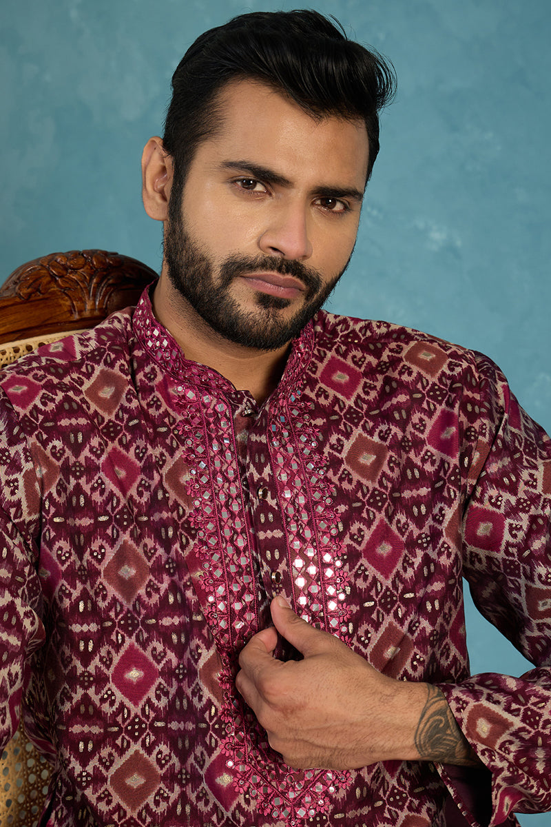 Purple Silk Blend Ethnic Motifs Ikat Printed Kurta MKU1895