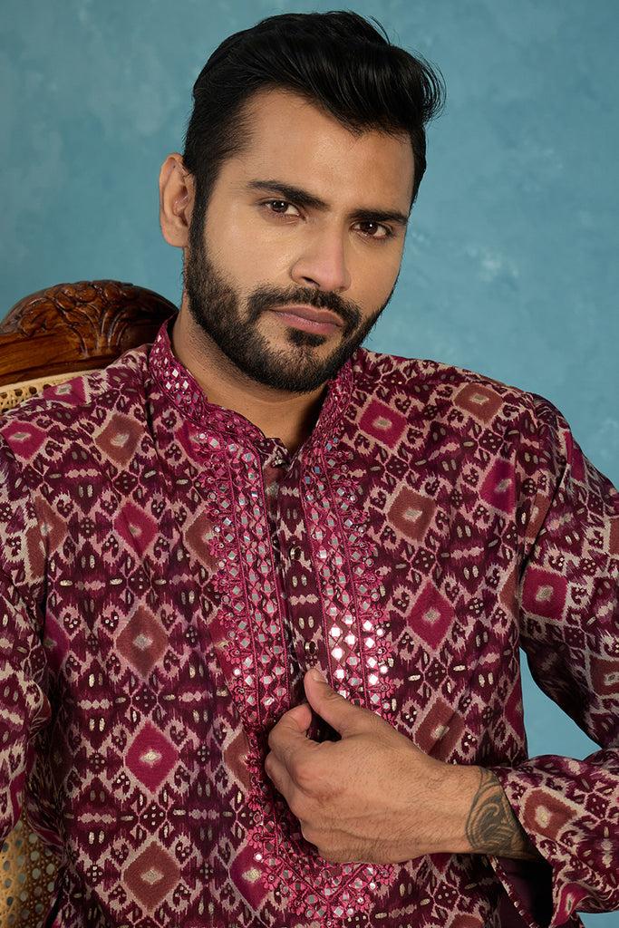 Purple Silk Blend Ethnic Motifs Ikat Printed Kurta MKU1895