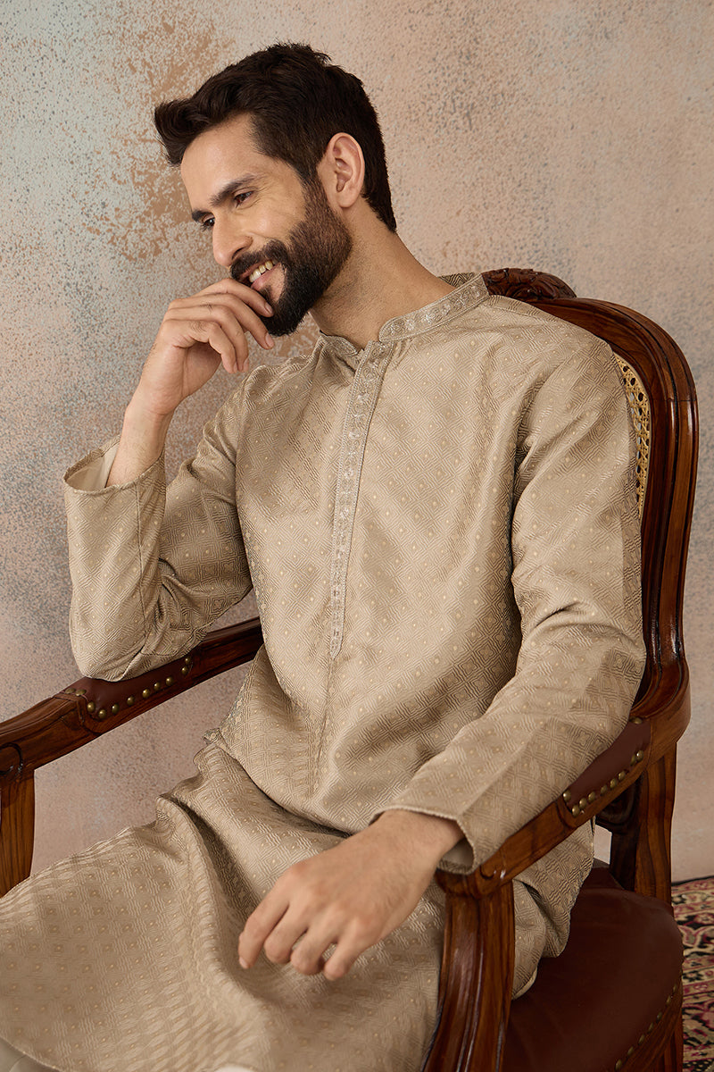 Beige Silk Blend Embroidered Solid Straight Kurta with Trousers  MKSET2326
