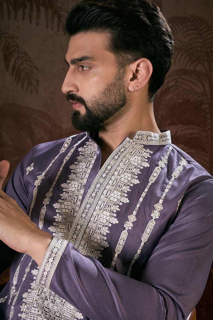 Lavender Silk Blend Solid Embroidered Straight Kurta With Trouser MKSET1792
