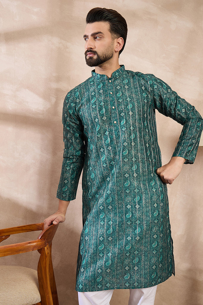 Green Silk Blend Ethnic Motifs Printed Straight Kurta With Trouser MKSET1996