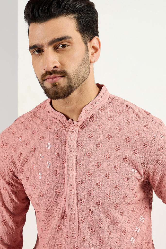 Pink Viscose Rayon Embroidered Straight Kurta With Pant Set MKSET1060