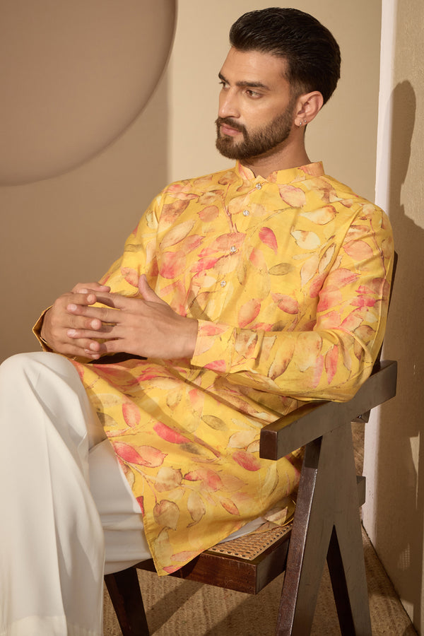 Yellow Silk Blend Floral Printed Mandarin Collar Kurta MKU2699