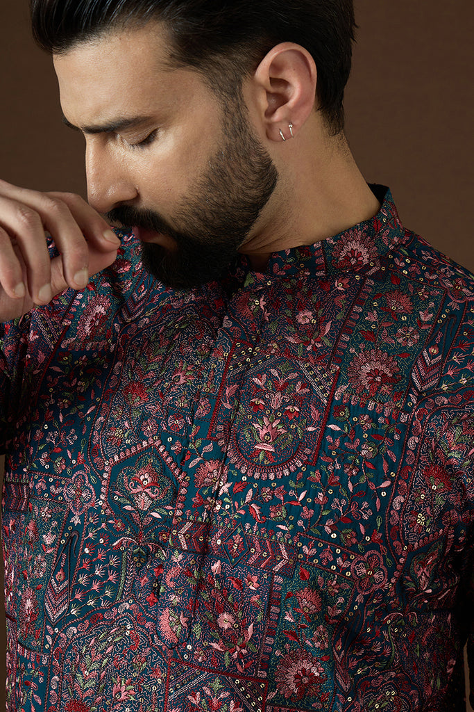 Blue Georgette Solid Embroidered Kurta MKU1872