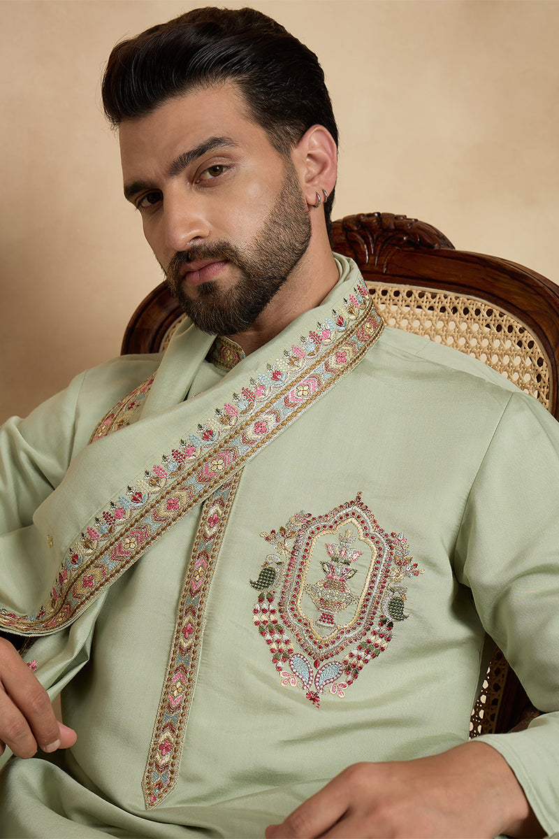 Green Silk Blend Solid Embroidered Sequins Kurta With Dupatta MKUD1070
