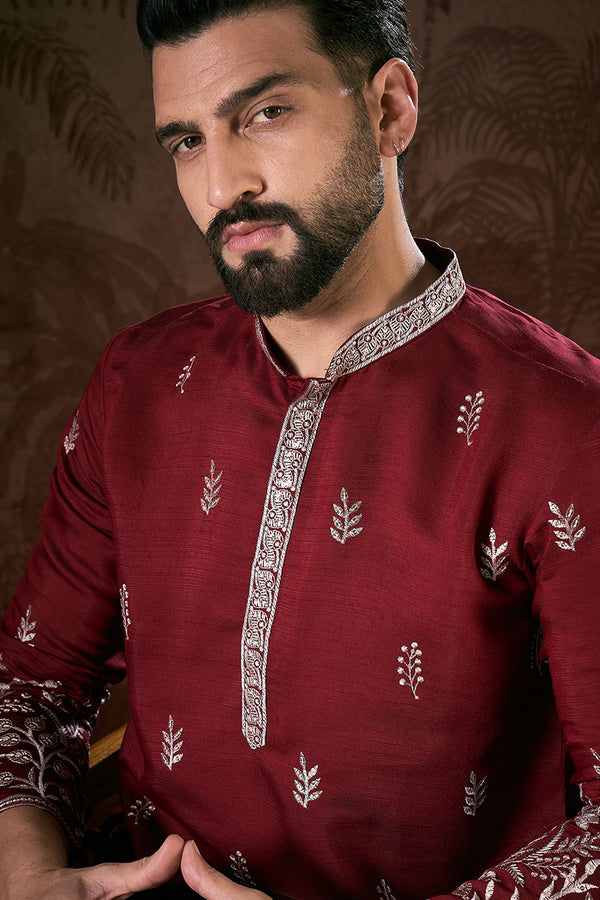 Maroon Silk Blend Solid Embroidered Straight Kurta MKU1945