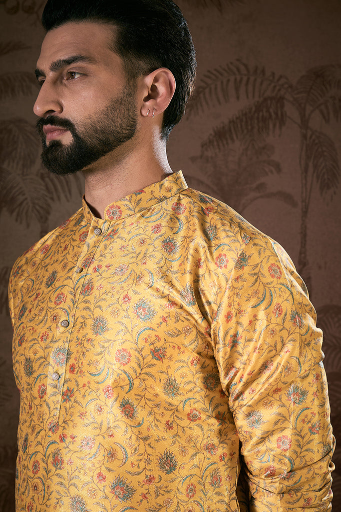 Yellow Silk Blend Floral Printed Straight Kurta With Trouser MKSET1946