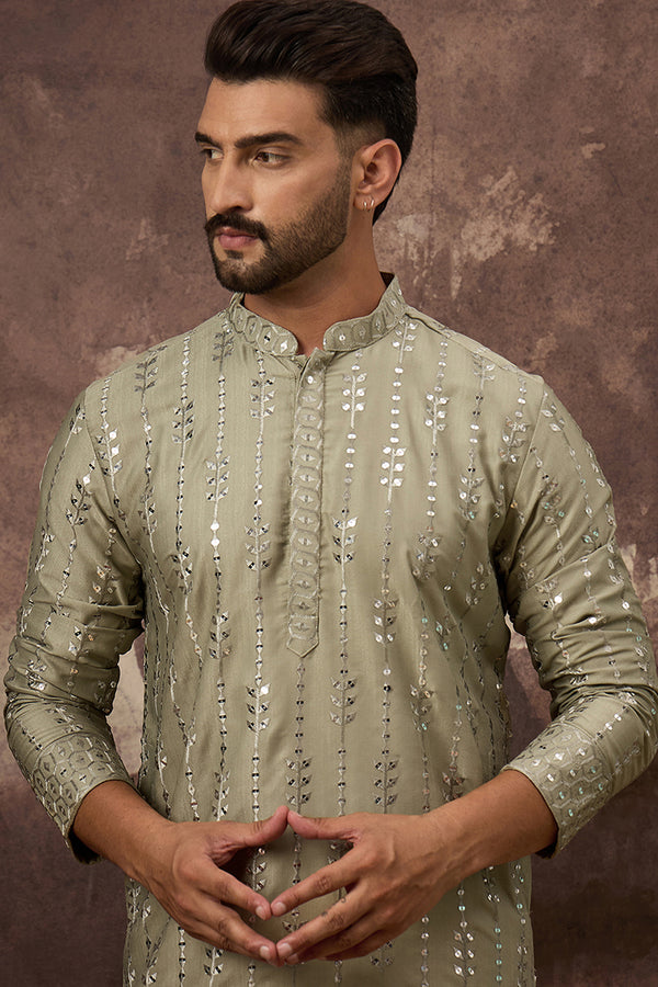 Green Silk Blend Solid Embroidered Straight Kurta With Pant Set MKSET1356