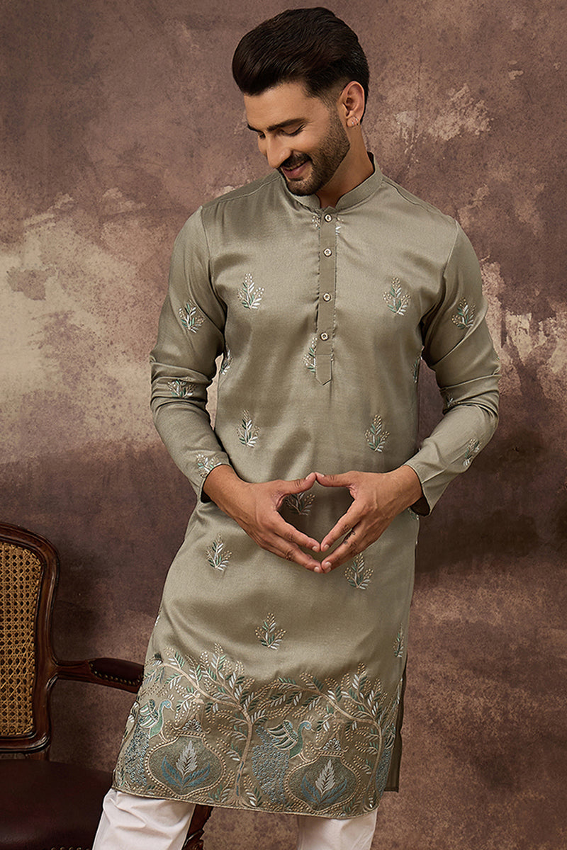 Green Silk Blend Solid Embroidered Straight Kurta with Trouser MKSET1345