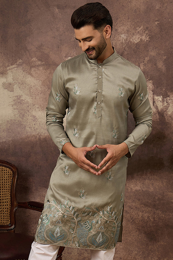Green Silk Blend Solid Embroidered Straight Kurta with Trouser MKSET1345