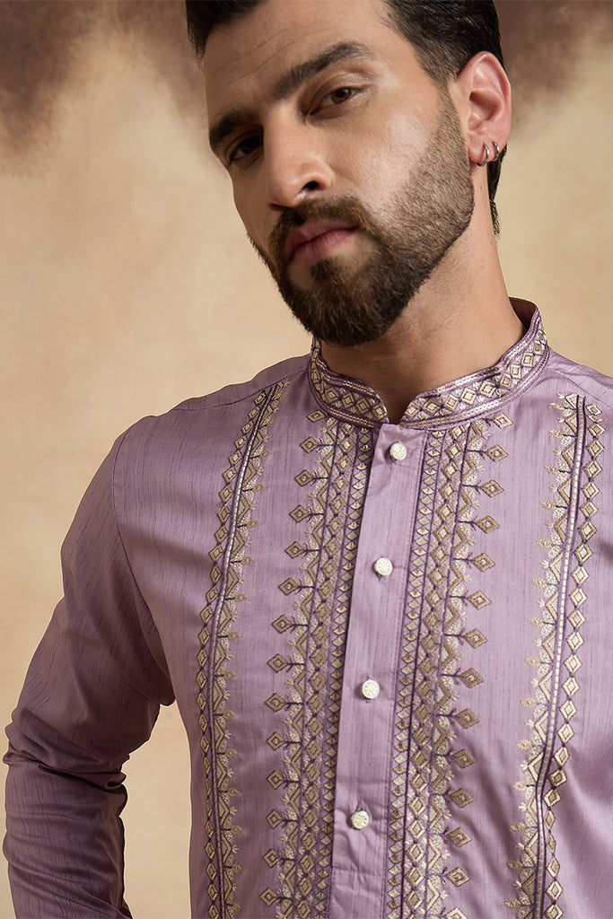 Lavender Silk Blend Solid Embroidered Straight Kurta With Trouser MKSET2527