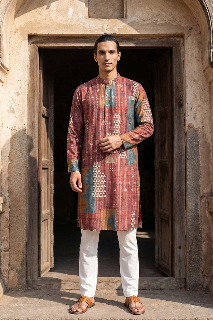 Brown Silk Blend Printed Straight Kurta With Trousers MKSET2177