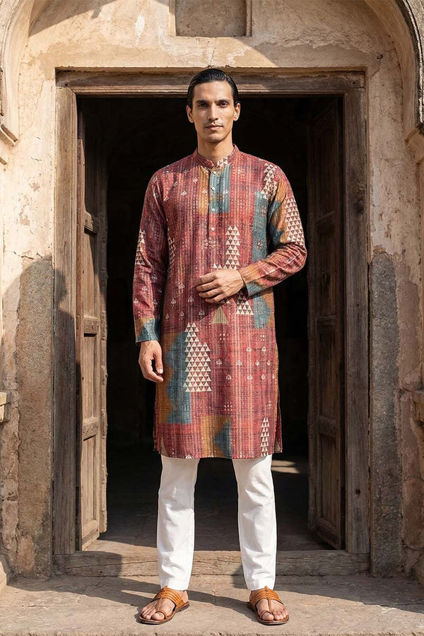 Brown Silk Blend Printed Straight Kurta With Trousers MKSET2177