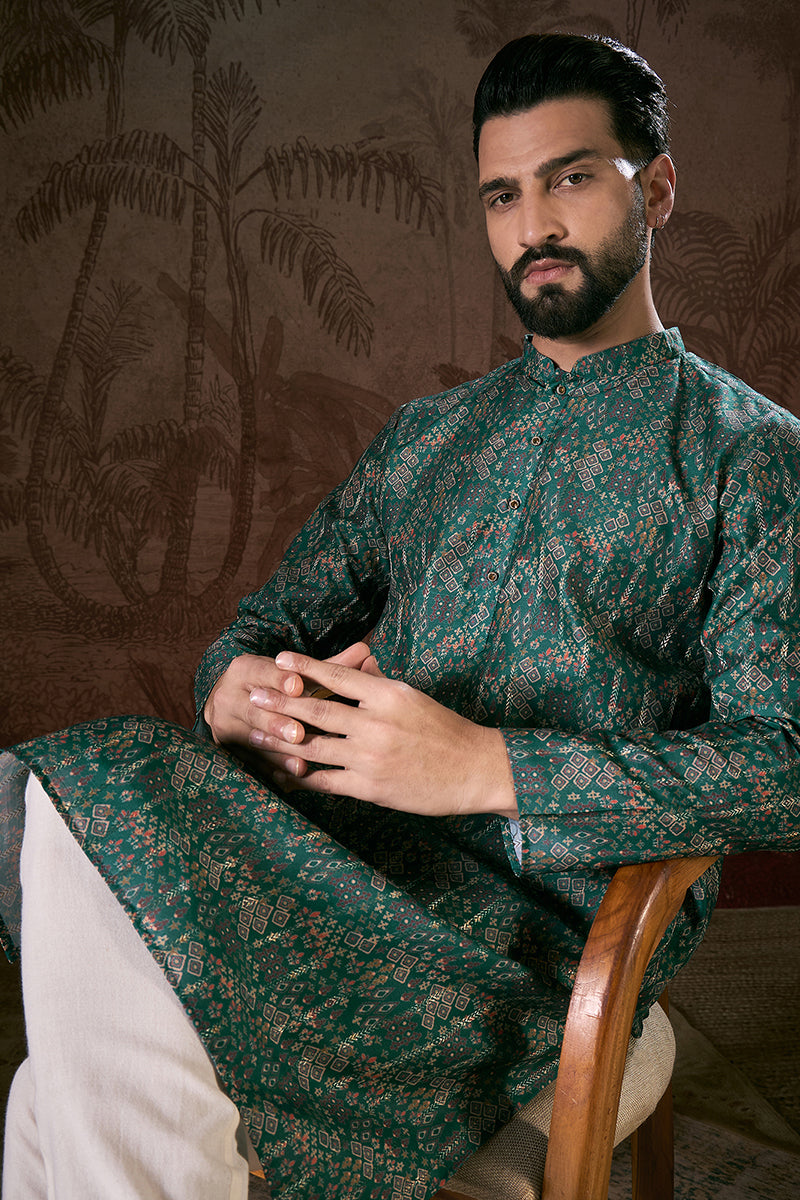 Sea Green Silk Blend Ethnic Motifs Printed Straight Kurta MKU1927